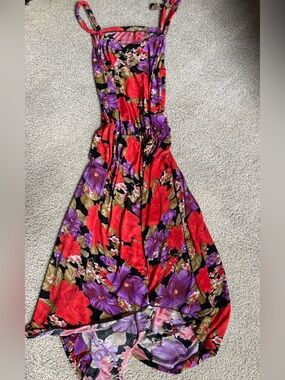 Sleeveless Floral Maxi Dress in Black with Red & Purple Blooms self tie strap